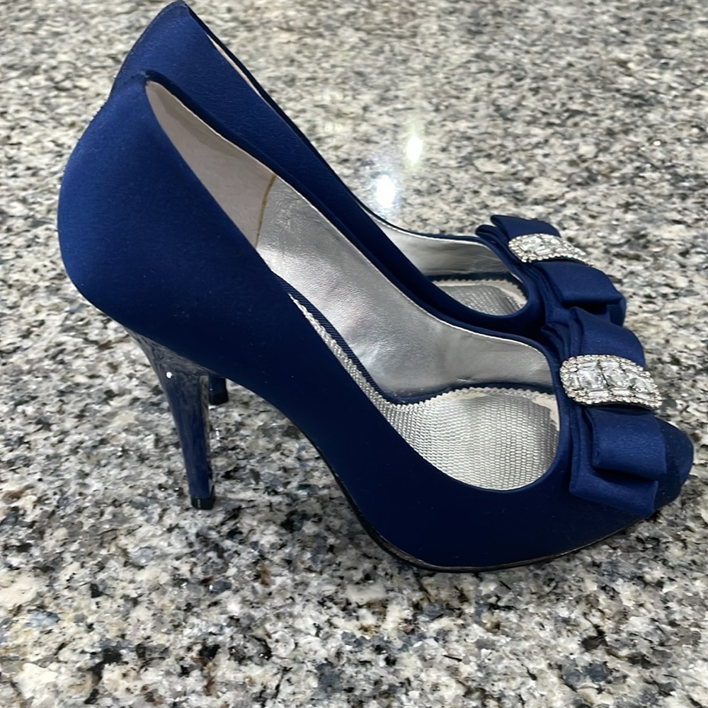 Nina Blue Satin Peep Toe Heels - Picture 6 of 11